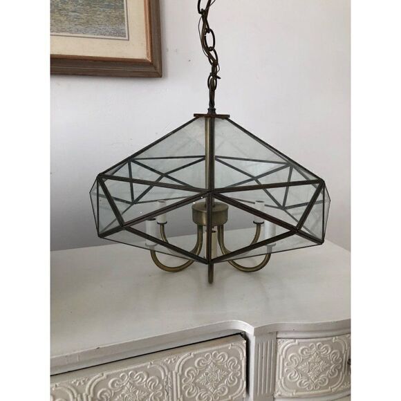 Vintage Mid Century Brass Octagon Diamond Hanging Glass Light Fixture Pendant - Picture 2 of 15